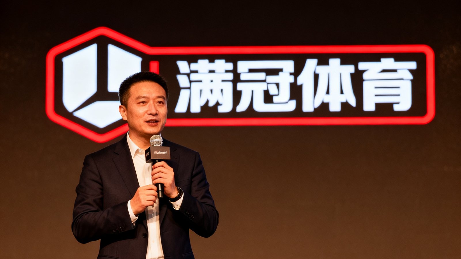 满冠体育创始人在体育科技峰会演讲，背景是满冠体育logo